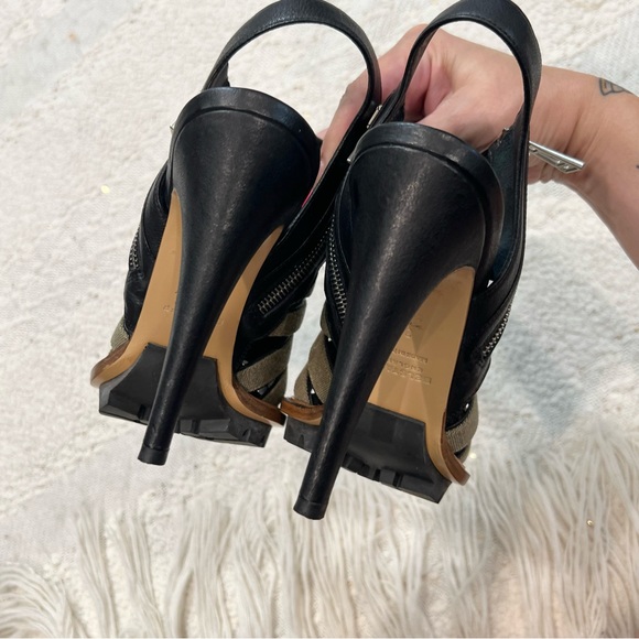 Belstaff Heels Black Leather/Green Canvas Peep Toe Caged Gladiator Sling Backs 8 - Picture 9 of 9